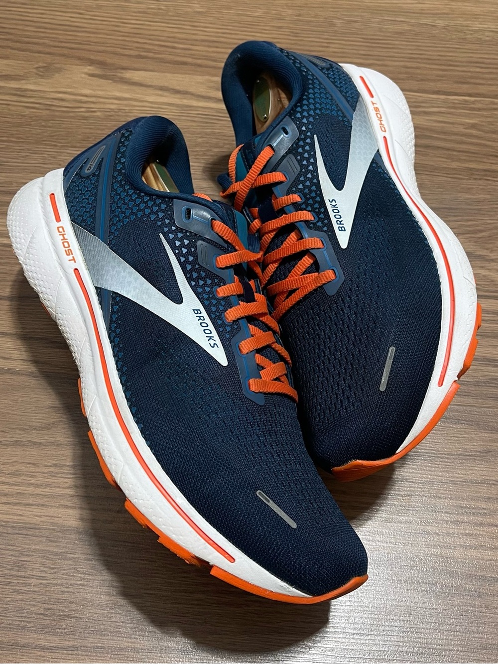 Brooks Ghost 14 Titan Teal Flame Men Sz 12 Navy Blue Orange Shoes (1103691D488)